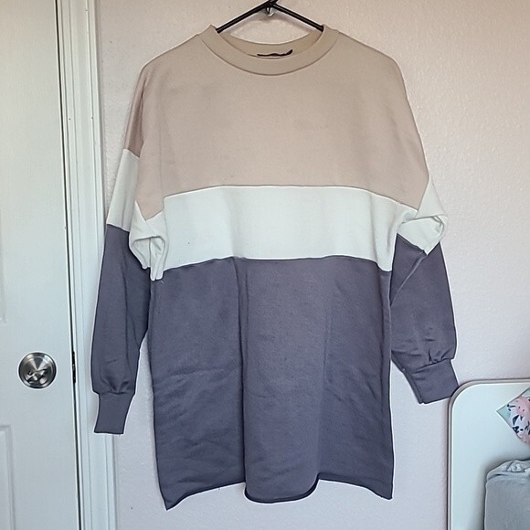 Boohoo Oversized Tri color Stripe Longline Pullover Sweater Size 6 pink cream - Picture 1 of 5